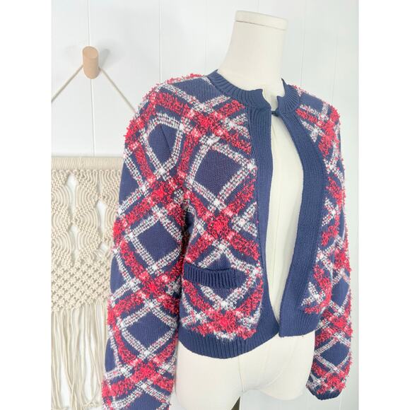 Aerie Chelsea Plaid Cardigan Sweater Jacket Small Shacket Red Navy Blue - Picture 5 of 10
